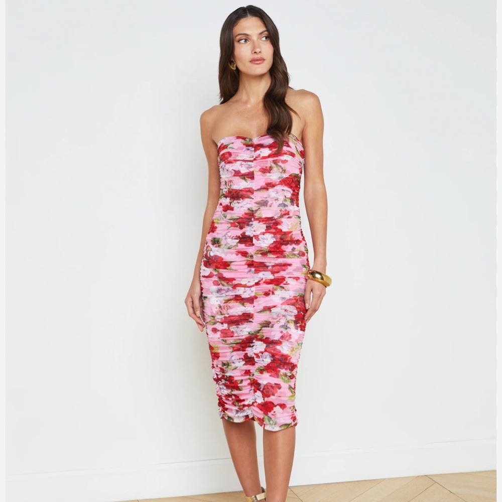 💗 Summer💗 L’Agence Caprice Floral Midi Dress Cotton Candy Hydrangea 8